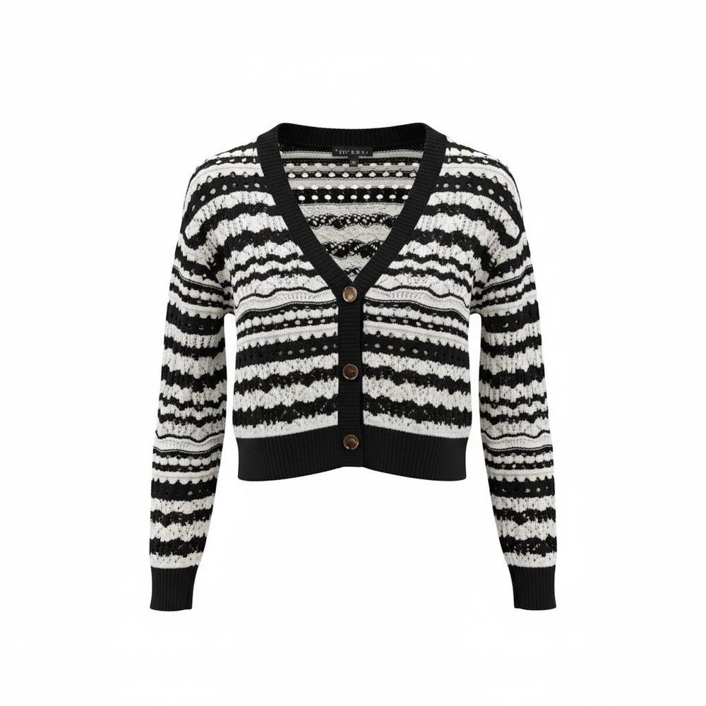 Laundry Shelli Segal Cardigan Small Petite Black White Crochet Stripe